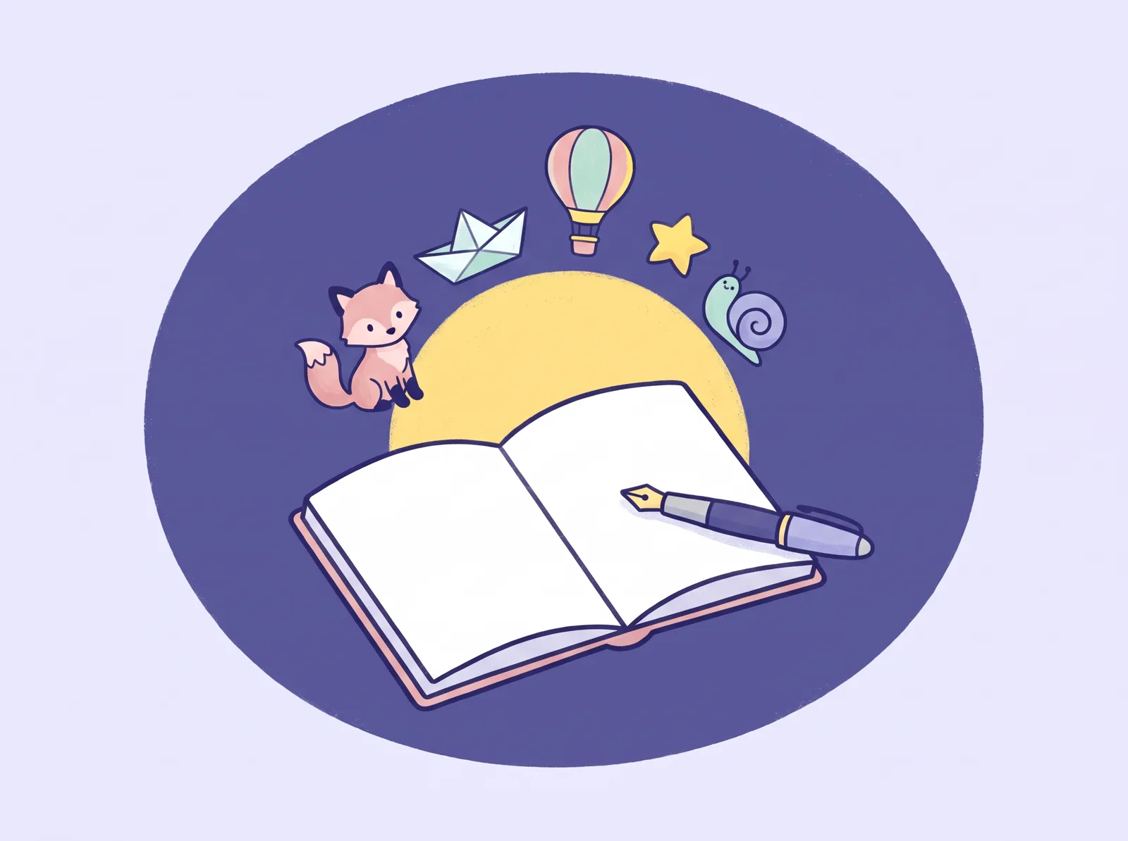 Ilustrație: un caiet deschis cu un stilou, din care se ridică o vulpiță, o bărcuță de hârtie, un balon și o stea